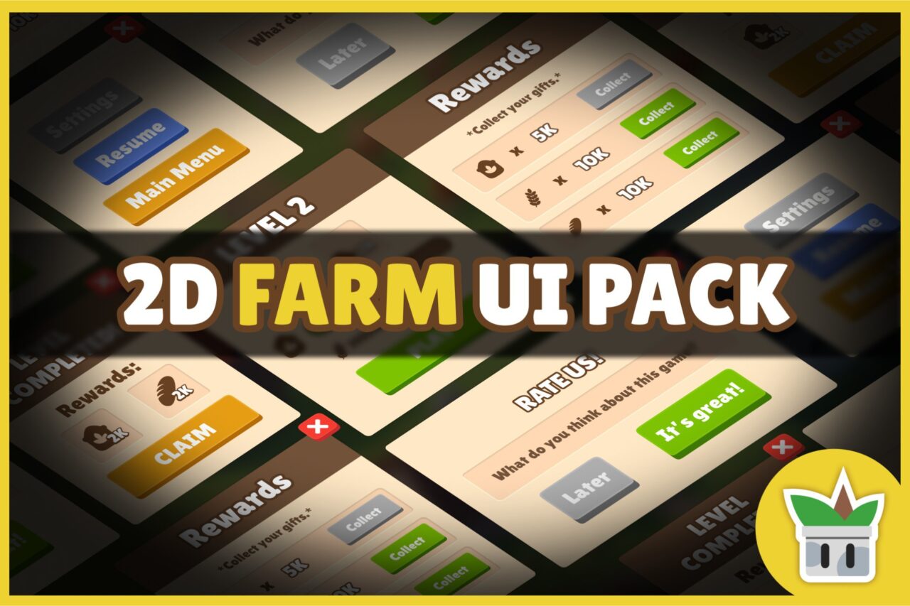 Unity Asset Soldier | 【無料】Farm Game UI – Starter 2D：農場ゲームに最適なボタンやパネルを収録した 2D UI パック