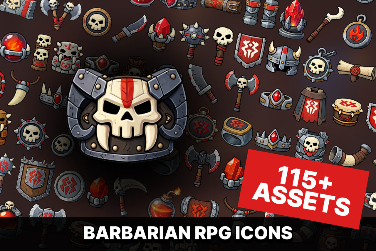 Dark Barbarian RPG Icons Inventory Skull Weapons Armor Loot PvP Gear Pack 2D Unity Asset Store