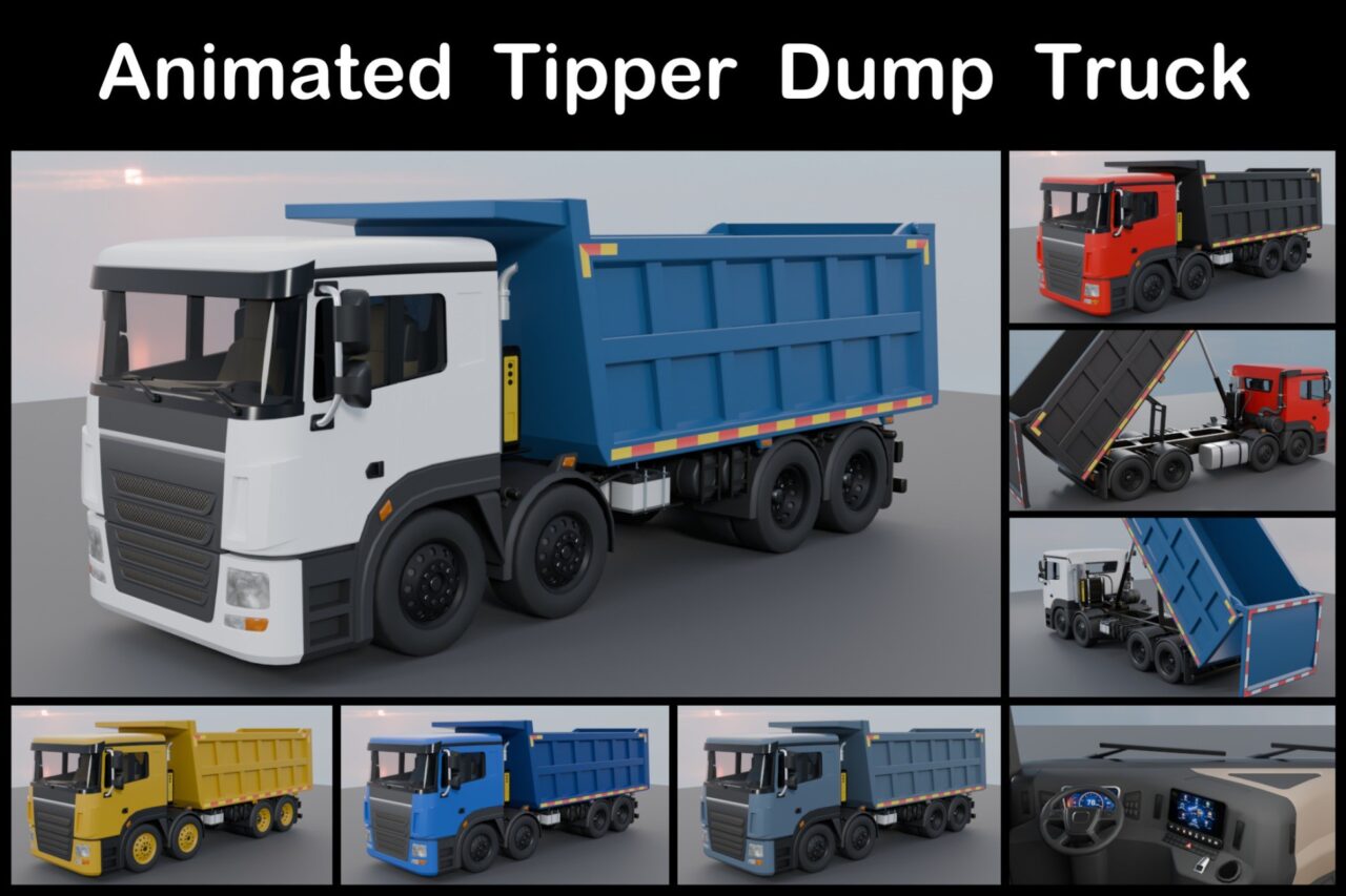 Animated Tipper Dump Truck Game Ready Construction Vehicle with Interior PBR 3D Land Unity Asset Store